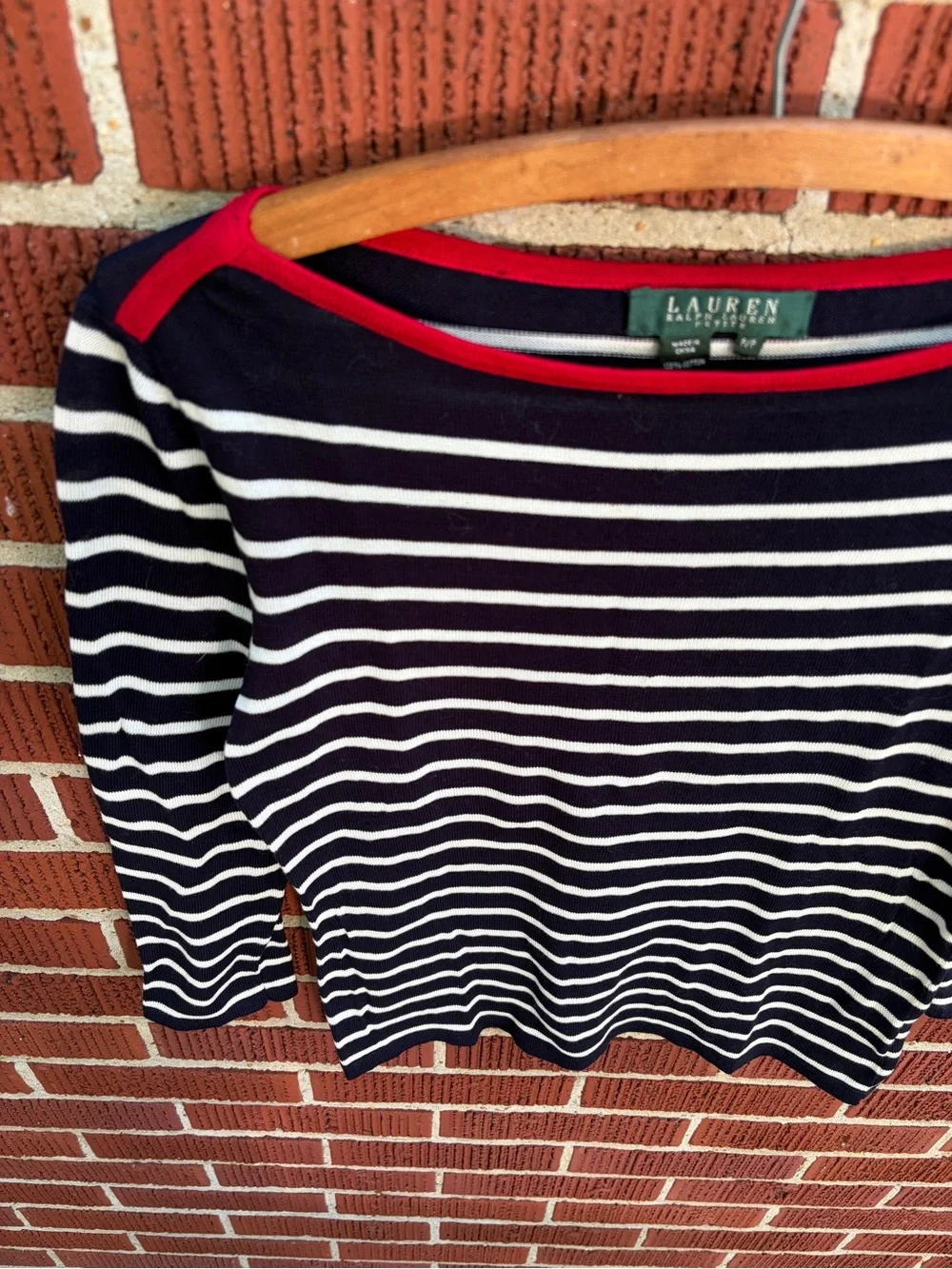 Ralph Lauren Navy and White Striped Boatneck Sweater with Red Trim